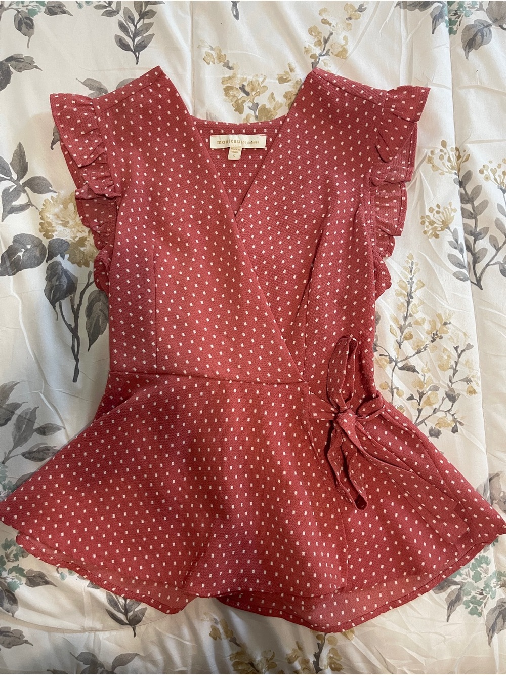 Monteau Red Dot Wrap Peplum Blouse